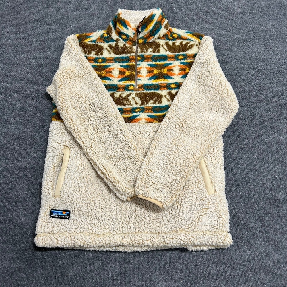 Simply Southern Pullover Womens Size M Cream Sherpa Southwestern Bear Fleece Zip